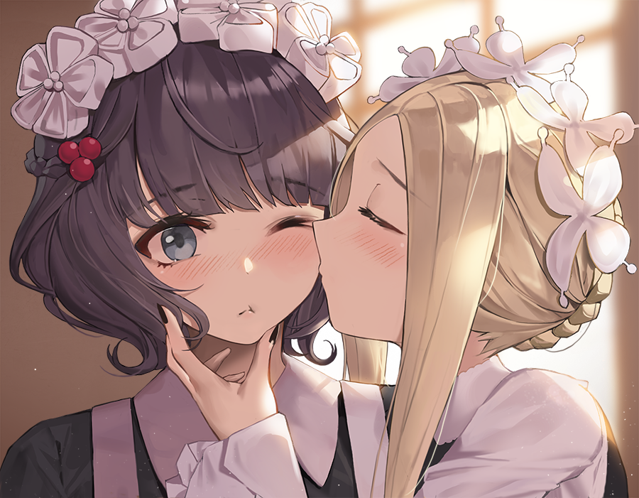 2girls ;t abigail_williams_(fate/grand_order) bangs black_dress black_hair blonde_hair blurry blurry_background blush braid butterfly_hair_ornament cheek_kiss closed_eyes closed_mouth collared_dress commentary_request depth_of_field dress eto_(nistavilo2) eyebrows_visible_through_hair fate/grand_order fate_(series) hair_ornament heroic_spirit_chaldea_park_outfit indoors katsushika_hokusai_(fate/grand_order) kiss long_hair multiple_girls one_eye_closed profile revision short_hair sidelocks upper_body yuri