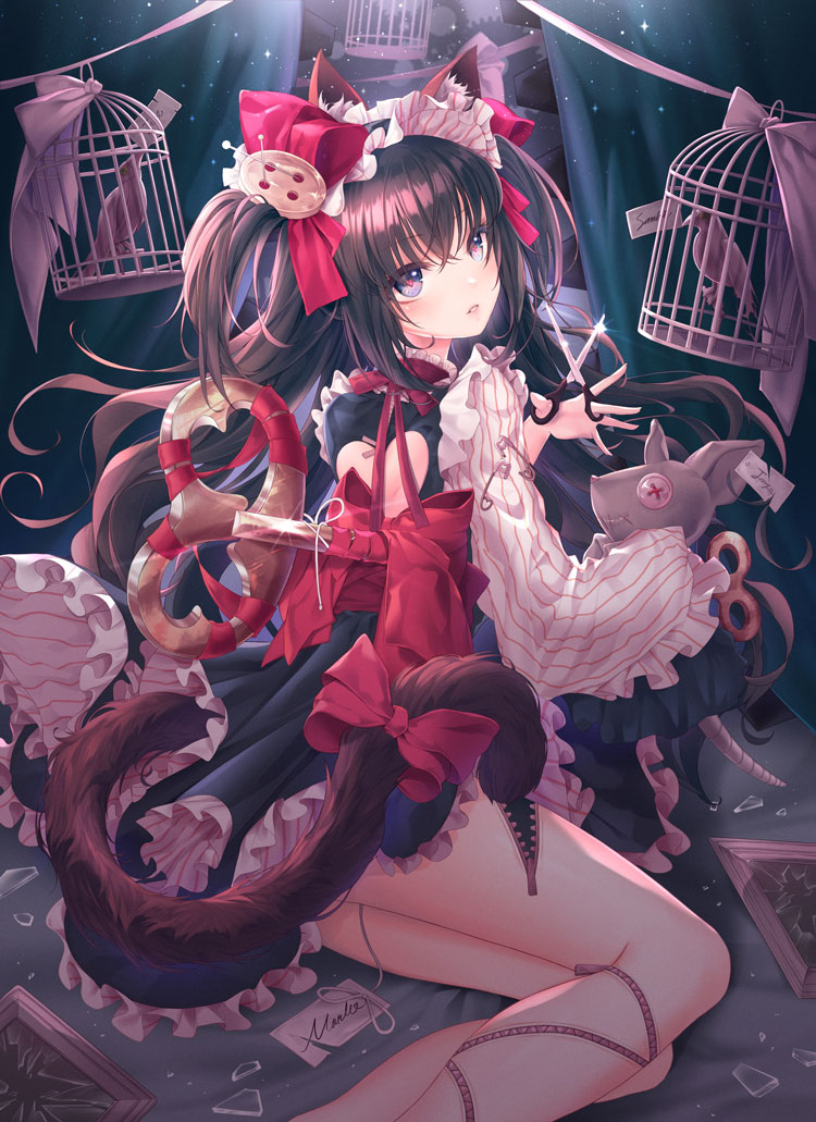 1girl animal animal_ears bird birdcage black_dress black_hair blue_eyes bow cage cat_ears cat_tail clockwork curtains develop2 doll dress frilled_dress frills glint hair_bow heart heart-shaped_pupils holding long_hair long_sleeves looking_at_viewer original parted_lips red_bow ribbon scissors solo striped stuffed_animal stuffed_mouse stuffed_toy symbol-shaped_pupils tail tail_ribbon two_side_up zipper