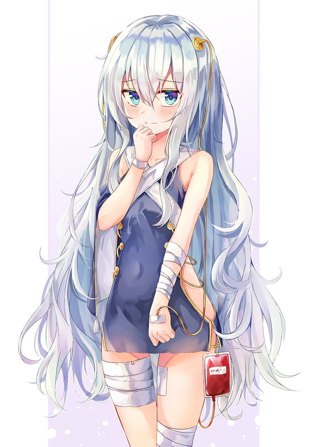 1girl bandaged_arm bandaged_leg bandages bare_shoulders blood blood_bag blue_dress blue_eyes blush collarbone covered_navel cowboy_shot dress frown girls_frontline hair_between_eyes hand_up highres intravenous_drip lkeris long_hair looking_at_viewer ribeyrolles_1918_(girls_frontline) side_cutout silver_hair solo standing very_long_hair wristband