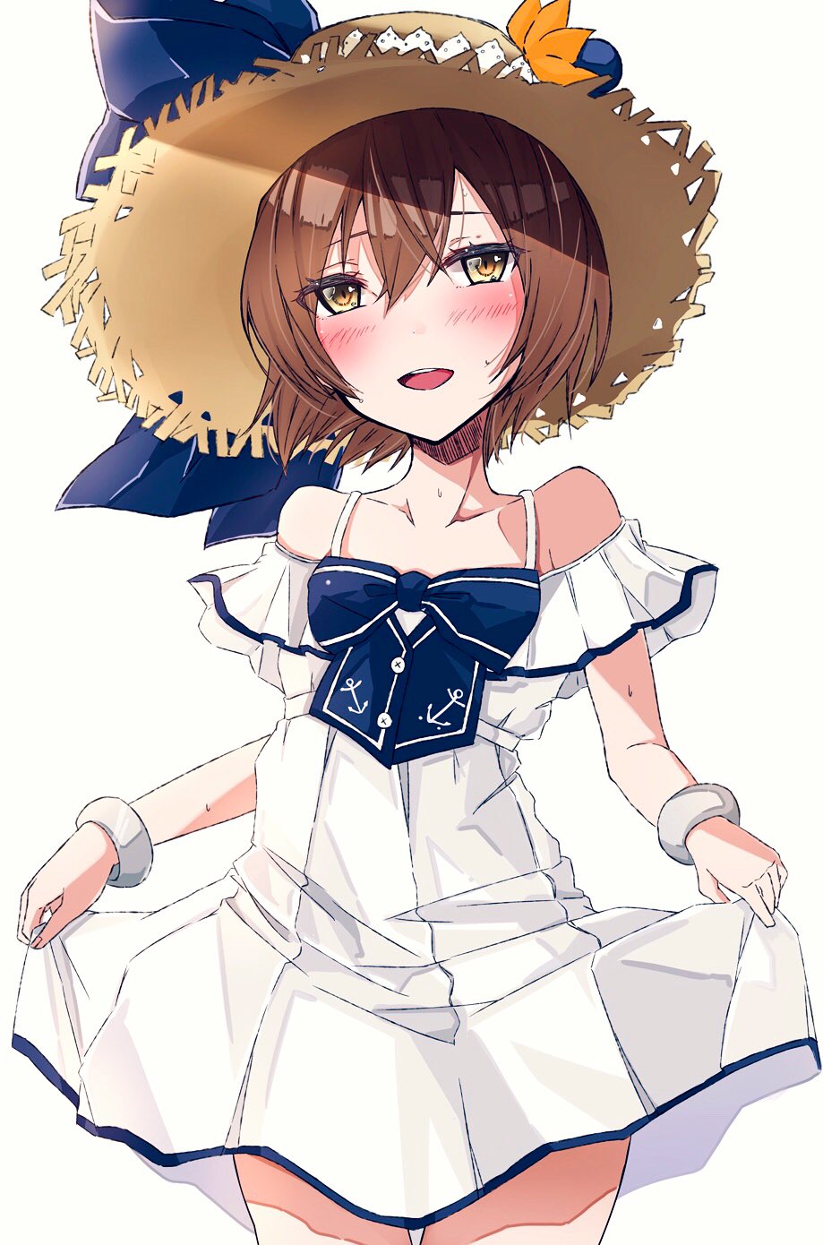 1girl alternate_costume bracelet brown_eyes brown_hair chigasaki_y collarbone commentary_request dress dress_shirt hat highres jewelry kantai_collection looking_at_viewer open_mouth round_teeth shirt short_hair simple_background smile solo straw_hat sun_hat sundress teeth thigh_gap upper_teeth white_background white_dress yukikaze_(kantai_collection)