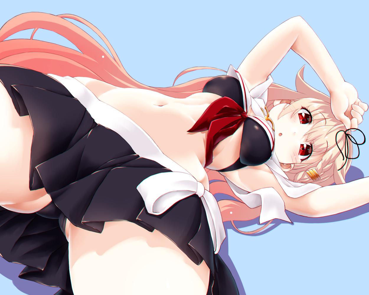 1girl adapted_costume ass_visible_through_thighs bikini bikini_skirt black_bikini black_ribbon black_skirt blonde_hair blue_background chestnut_mouth dd_(ijigendd) gradient_hair hair_flaps hair_ornament hair_ribbon hairclip kantai_collection long_hair looking_at_viewer lying multicolored_hair navel on_side perspective pleated_skirt red_eyes remodel_(kantai_collection) ribbon skirt solo swimsuit yuudachi_(kantai_collection)