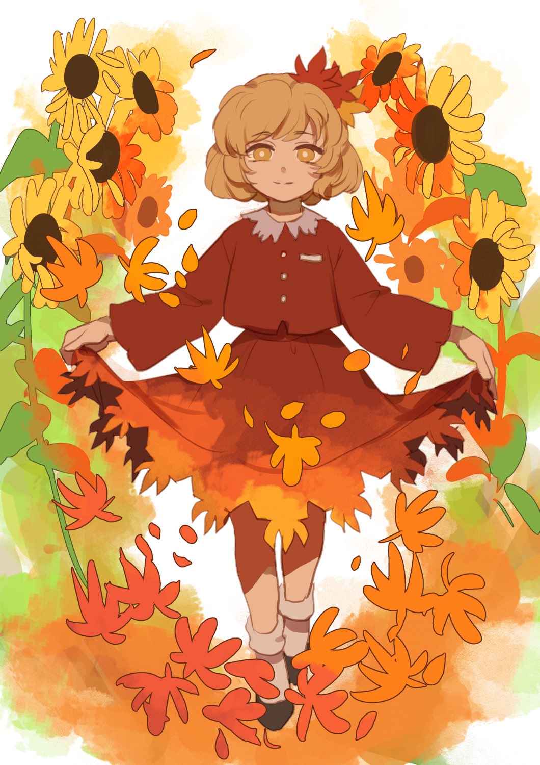 1girl aki_shizuha bangs black_footwear blonde_hair bob_cut bobby_socks brown_shirt brown_skirt buttons closed_mouth collared_shirt curly_hair eyebrows_visible_through_hair floral_background floral_print flower full_body hair_ornament highres joniko1110 leaf leaf_hair_ornament leaf_on_head light_smile loafers long_sleeves looking_at_viewer maple_leaf outstretched_arms petals shirt shoes short_hair skirt skirt_hold skirt_set socks solo sunflower swept_bangs touhou white_background white_legwear wide_sleeves yellow_eyes