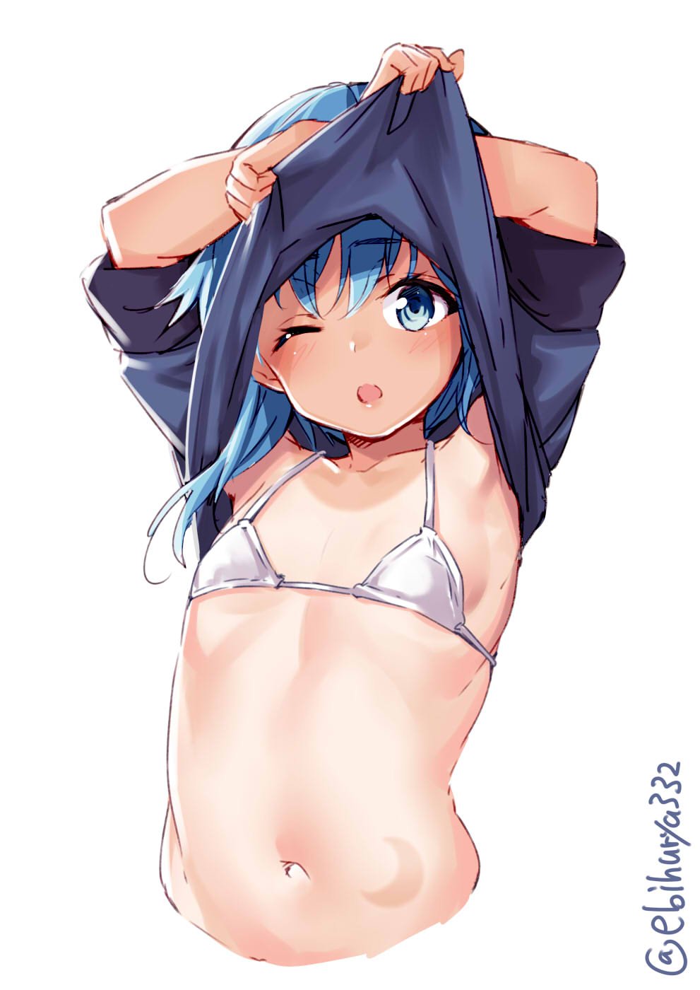 1girl bangs bare_shoulders bikini blue_eyes blue_hair blush breasts collarbone commentary_request crescent ebifurya eyebrows_visible_through_hair flat_chest hair_between_eyes highres kantai_collection looking_at_viewer micro_bikini minazuki_(kantai_collection) navel one-piece_tan one_eye_closed open_mouth simple_background solo swimsuit tan tanline twitter_username undressing white_background