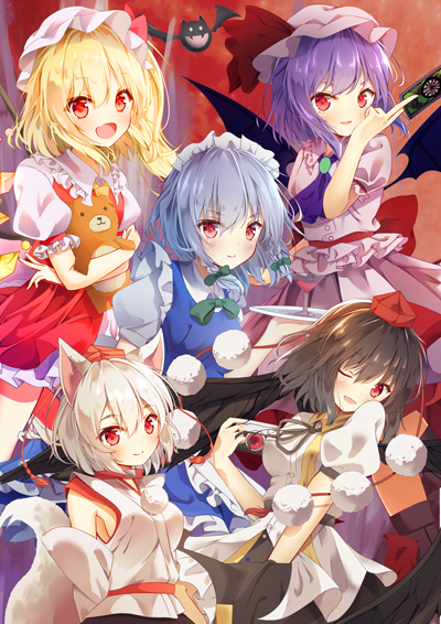 5girls animal_ears arm_up armpit_peek bat bat_wings between_fingers black_hair black_skirt blonde_hair blouse blue_hair blue_neckwear blue_vest braid breasts camera commentary_request cravat cup detached_sleeves drinking_glass eyebrows_visible_through_hair flandre_scarlet hair_between_eyes hair_ribbon hat hat_ribbon head_on_shoulder head_tilt holding holding_camera holding_stuffed_animal holding_tray inubashiri_momiji izayoi_sakuya loli_ta1582 looking_at_viewer maid_headdress medium_breasts mob_cap multiple_girls one_eye_closed open_mouth pink_blouse pink_skirt puffy_short_sleeves puffy_sleeves red_background red_eyes red_skirt red_vest remilia_scarlet ribbon shameimaru_aya shirt short_sleeves side_ponytail silver_hair skirt small_breasts smile spell_card stuffed_animal stuffed_toy tail teddy_bear tokin_hat touhou tray tress_ribbon twin_braids untucked_shirt vest white_hair white_shirt wings wolf_ears wolf_tail