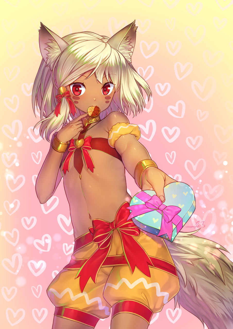 1girl animal_ears bell bow box bracelet contrapposto cowboy_shot dark_skin eating facial_mark flat_chest hair_bell hair_bow hair_ornament heart heart-shaped_box heart_background highres jewelry looking_at_viewer mitake_eiru navel original outstretched_arm pink_bow pink_ribbon red_bow red_eyes red_ribbon ribbon short_hair shorts silver_hair solo standing stomach tail valentine wolf_ears wolf_tail