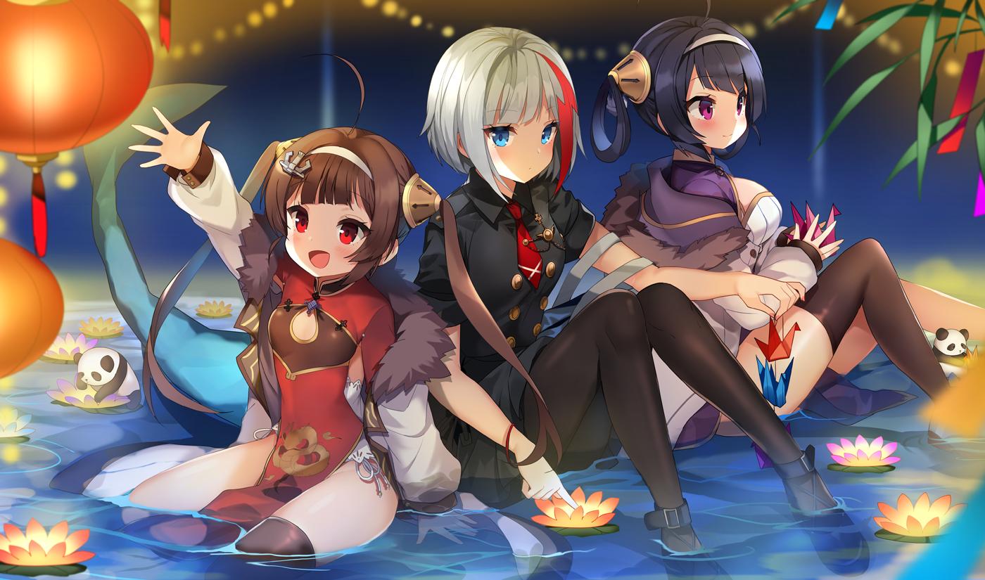 3girls :d admiral_graf_spee_(azur_lane) admiral_graf_spee_(maiden's_sunday)_(azur_lane) ahoge anchor_hair_ornament animal arm_up armpit_cutout azur_lane black_dress black_footwear black_hair black_legwear blue_eyes blurry breasts brown_hair buttons china_dress chinese_clothes closed_mouth collared_dress commentary_request depth_of_field dress flower fur_collar hair_ornament hair_rings hairband holding jacket knees_up kurot lantern large_breasts long_hair long_sleeves looking_at_viewer looking_away multicolored_hair multiple_girls necktie night ning_hai_(azur_lane) off_shoulder official_art open_clothes open_jacket open_mouth orange_flower origami panda pantyhose paper_crane paper_lantern pelvic_curtain ping_hai_(azur_lane) purple_dress purple_flower red_dress red_eyes red_neckwear redhead shark_tail shoes short_hair short_necktie short_sleeves sidelocks silver_hair sitting small_breasts smile streaked_hair tail thigh-highs thighs twintails violet_eyes water white_jacket