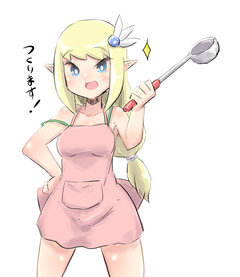 1girl :d apron bangs bare_arms bare_shoulders blonde_hair blue_eyes blush breasts collarbone elf eyebrows_visible_through_hair hair_ornament hand_on_hip holding ladle long_hair low-tied_long_hair medium_breasts naked_apron open_mouth original pink_apron pointy_ears sidelocks simple_background smile solo sparkle translated u-non_(annon'an) very_long_hair white_background