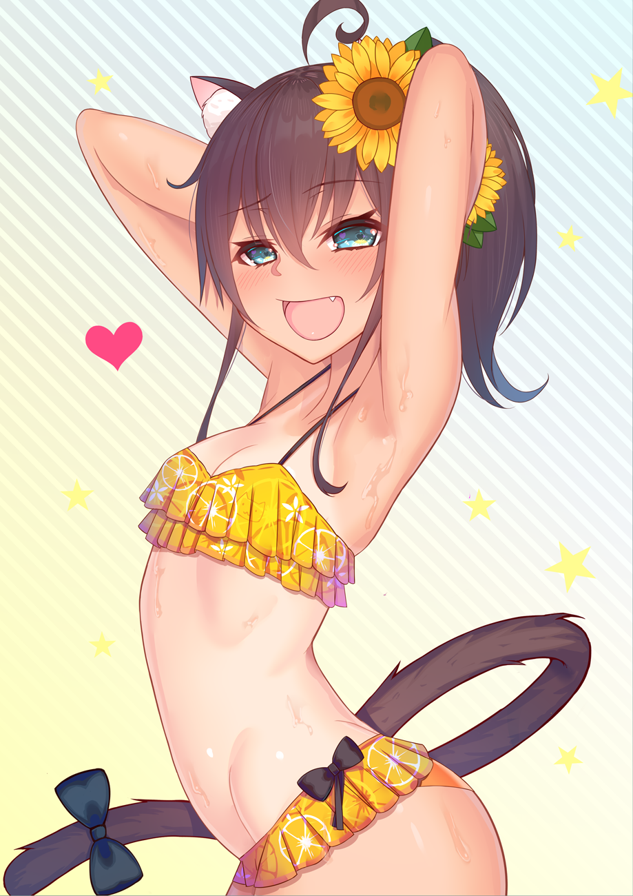 1girl :d ahoge animal_ear_fluff animal_ears arms_up bangs bare_arms bare_shoulders bikini blue_eyes blush breasts brown_hair cat_ears cat_girl cat_tail diagonal-striped_background diagonal_stripes eyebrows_visible_through_hair fang floral_print flower hair_between_eyes hair_flower hair_ornament heart high_ponytail highres hololive looking_at_viewer natsuiro_matsuri one-piece_tan open_mouth orange_bikini ponytail print_bikini small_breasts smile solo star striped striped_background sunflower sunflower_hair_ornament swimsuit tail tan tanline virtual_youtuber wet yellow_flower yoshiheihe