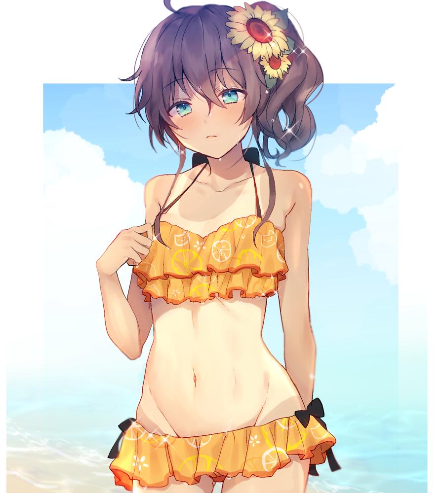 1girl ahoge bangs bare_shoulders bikini black_bow blue_eyes blue_sky blush bow breasts brown_hair closed_mouth commentary day flower frilled_bikini frills groin hair_between_eyes hair_flower hair_ornament hololive looking_at_viewer lowleg lowleg_bikini midriff natsuiro_matsuri navel ocean orange_bikini side_ponytail sky small_breasts solo standing sunflower_hair_ornament swimsuit tan tanline tnk319 virtual_youtuber