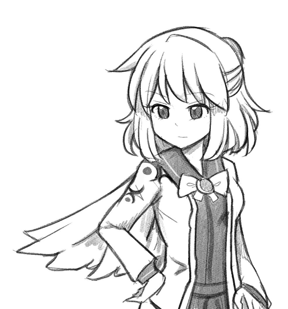 1girl bangs bow bowtie breasts brooch commentary dress eyebrows_visible_through_hair eyelashes faux_traditional_media feathered_wings greyscale half_updo hand_on_hip jacket jewelry kishin_sagume long_sleeves medium_breasts monochrome open_clothes open_jacket short_hair simple_background single_wing solo touhou upper_body white_background wings wool_(miwol)