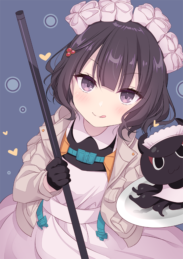 1girl :q animal apron bangs black_dress black_gloves black_hair blue_background blush closed_mouth collared_dress commentary_request dress dutch_angle eyebrows_visible_through_hair fate/grand_order fate_(series) gloves grey_jacket hair_ornament heart heroic_spirit_festival_outfit holding holding_plate jacket katsushika_hokusai_(fate/grand_order) long_sleeves looking_at_viewer octopus open_clothes open_jacket plate shikitani_asuka smile tokitarou_(fate/grand_order) tongue tongue_out v-shaped_eyebrows violet_eyes white_apron