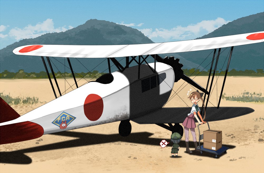 2girls aircraft aircraft_request airplane akigumo_(kantai_collection) annin_musou blue_sky boots box brown_hair cart clouds commentary_request day dress fairy_(kantai_collection) full_body grey_legwear hair_ribbon kantai_collection long_hair mountain multiple_girls outdoors pantyhose pleated_dress ponytail purple_dress ribbon school_uniform shirt sky sleeves_rolled_up vest white_shirt