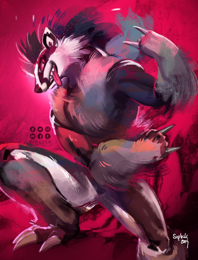 2019 artist_name claws dated deviantart facebook gen_8_pokemon instagram long_tongue no_humans obstagoon pokemon pokemon_(creature) pokemon_swsh red_background red_eyes rock_on_sign sharp_teeth siplick tongue_out tumblr twitter youtube
