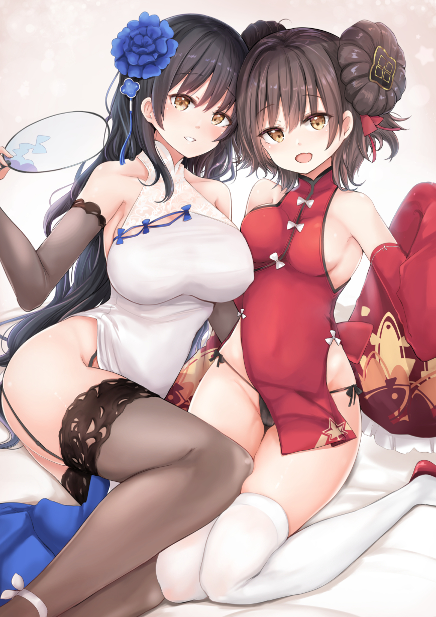 2girls :d bangs bare_shoulders bed_sheet black_hair black_legwear black_panties black_ribbon blush breasts brown_eyes brown_hair china_dress chinese_clothes collarbone commentary_request detached_sleeves double_bun dress eyebrows_visible_through_hair fan feet_out_of_frame flower frilled_sleeves frills garter_straps girls_frontline hair_flower hair_ornament hair_ribbon head_tilt highres holding holding_fan large_breasts long_hair long_sleeves looking_at_viewer multiple_girls neneru open_mouth panties paper_fan parted_lips pelvic_curtain qbz-95_(girls_frontline) qbz-97_(girls_frontline) red_dress red_ribbon revision ribbon side-tie_panties sideboob sitting small_breasts smile tareme thigh-highs thighs uchiwa underwear very_long_hair white_dress white_legwear wide_sleeves