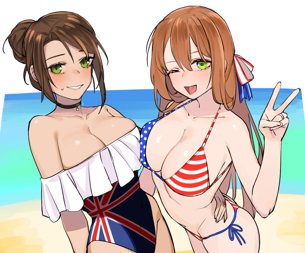 2girls american_flag_bikini bikini breasts brown_hair choker collarbone flag_print girls_frontline green_eyes hair_between_eyes hair_ribbon jewelry juz large_breasts lee-enfield_(girls_frontline) long_hair looking_at_viewer m1903_springfield_(girls_frontline) multiple_girls one-piece_swimsuit one_eye_closed open_mouth ribbon ring side-tie_bikini swimsuit teeth v wedding_ring