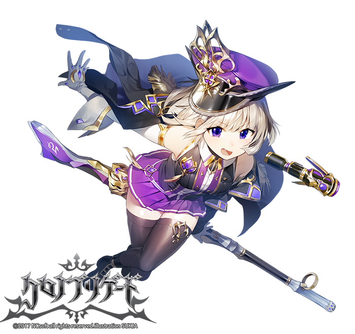 1girl black_footwear black_legwear cape company_name elbow_gloves full_body gloves gun looking_at_viewer official_art open_mouth purple_headwear purple_skirt simple_background skirt solo sukja thigh-highs violet_eyes watermark weapon white_background white_gloves