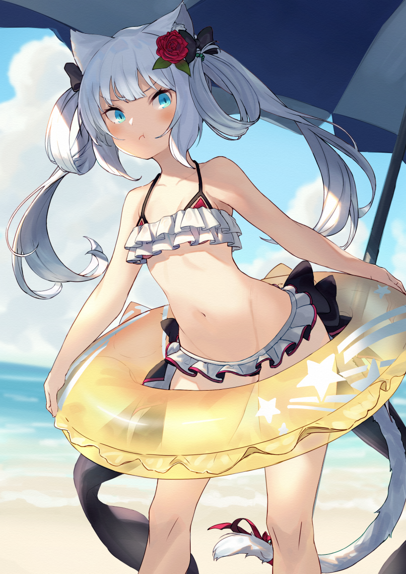 1girl :t animal_ear_fluff animal_ears azur_lane bangs bare_arms bare_legs bare_shoulders beach beach_umbrella bikini bikini_skirt black_ribbon blue_eyes blue_sky blush breasts cat_ears cat_tail closed_mouth clouds cloudy_sky collarbone commentary cowboy_shot day flower frilled_bikini frills hair_flower hair_ornament hair_ribbon hair_rings hammann_(azur_lane) innertube leaning_forward looking_at_viewer midriff navel ocean outdoors peroncho pout red_ribbon ribbon sand shadow sidelocks sky slit_pupils small_breasts solo standing stomach summer swimsuit tail tail_ribbon twintails umbrella water white_hair