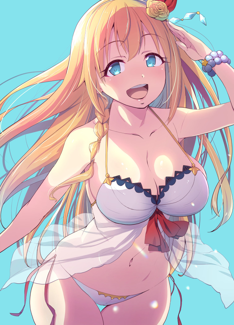 1girl :d bead_bracelet beads bikini blonde_hair blue_background blue_eyes bracelet breasts collarbone commentary_request cowboy_shot eyebrows_visible_through_hair flower hair_flower hair_ornament jewelry large_breasts long_hair looking_at_viewer natsumi_akira navel open_mouth pecorine princess_connect! princess_connect!_re:dive simple_background smile solo stomach swimsuit teeth thigh_gap upper_teeth white_bikini