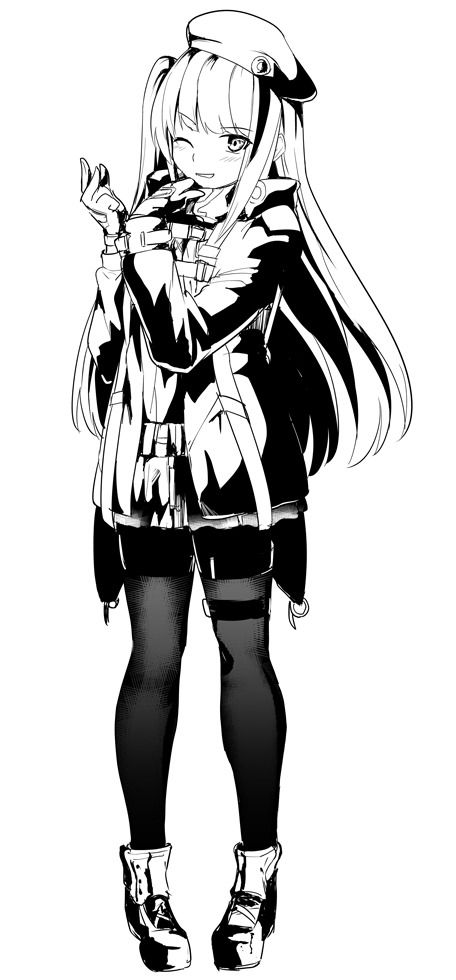 1girl bangs blush commentary eyebrows_visible_through_hair full_body girls_frontline gloves greyscale long_hair long_sleeves looking_at_viewer mdr_(girls_frontline) monochrome one_eye_closed one_side_up pantyhose shiseki_hirame shoes side_ponytail simple_background smile solo white_background