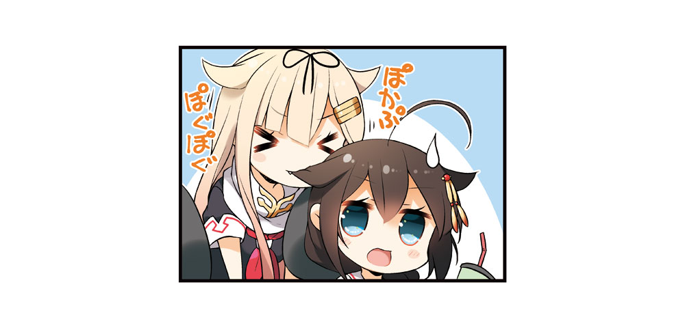 &gt;_&lt; 2girls ahoge bangs biting black_hair black_ribbon blonde_hair blue_eyes blush braid chibi closed_mouth commentary_request cup drinking_straw eyebrows_visible_through_hair fang gradient_hair hair_between_eyes hair_flaps hair_ornament hair_ribbon hairclip kantai_collection long_hair looking_at_viewer multicolored_hair multiple_girls neckerchief open_mouth red_neckwear remodel_(kantai_collection) ribbon scarf school_uniform serafuku shigure_(kantai_collection) simple_background single_braid white_scarf yume_no_owari yuudachi_(kantai_collection)