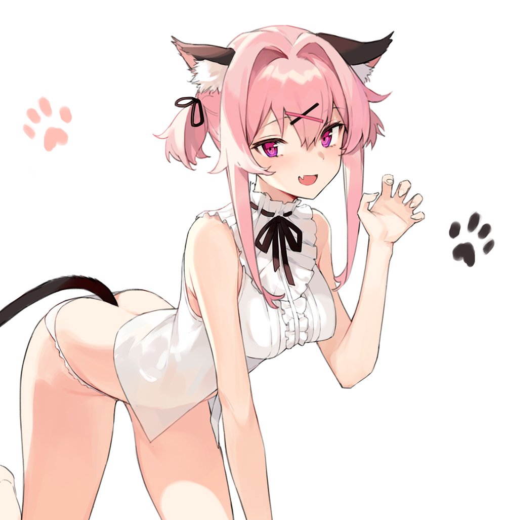 1girl :d aiko_(kanl) animal_ear_fluff animal_ears bare_arms bare_shoulders barefoot bent_over breasts cat_ears cat_tail claw_pose fang frills hair_between_eyes hair_intakes hair_ornament hand_up long_hair looking_at_viewer medium_breasts no_pants open_mouth original panties pink_hair shirt simple_background sleeveless sleeveless_shirt smile solo tail thighs underwear violet_eyes white_background white_panties white_shirt x_hair_ornament
