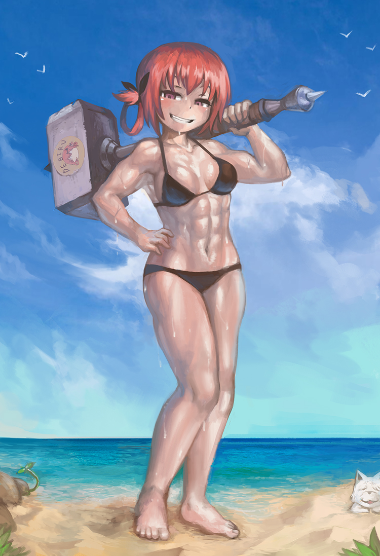 1girl abs barefoot beach bikini bird black_bikini blush breasts brown_eyes clouds collarbone commentary dog gabriel_dropout grin hair_rings hammer hand_on_hip head_tilt holding holding_hammer kurumizawa_satanichia_mcdowell looking_at_viewer medium_breasts muscle muscular_female navel orange_hair plant sky smile solo standing swimsuit water yilx