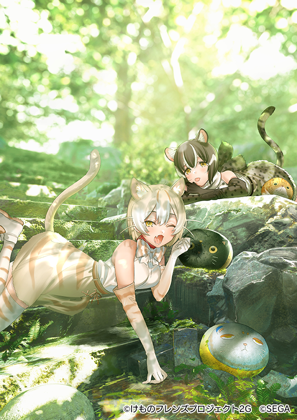 2girls ;o animal_ear_fluff animal_ears artist_request bangs bare_shoulders black_hair blonde_hair blurry blurry_background bow bowtie cat_(kemono_friends) cat_day cat_ears cat_tail character_request commentary_request dappled_sunlight day depth_of_field elbow_gloves extra_ears fang gloves gradient_hair high-waist_skirt kemono_friends kemono_friends_3:_planet_tours looking_at_viewer lying multicolored_hair multiple_girls official_art on_stomach one_eye_closed outdoors rock shirt short_hair skirt sleeveless sleeveless_shirt stairs streaked_hair sunlight tail thigh-highs tongue tongue_out watermark white_hair white_shirt yellow_eyes