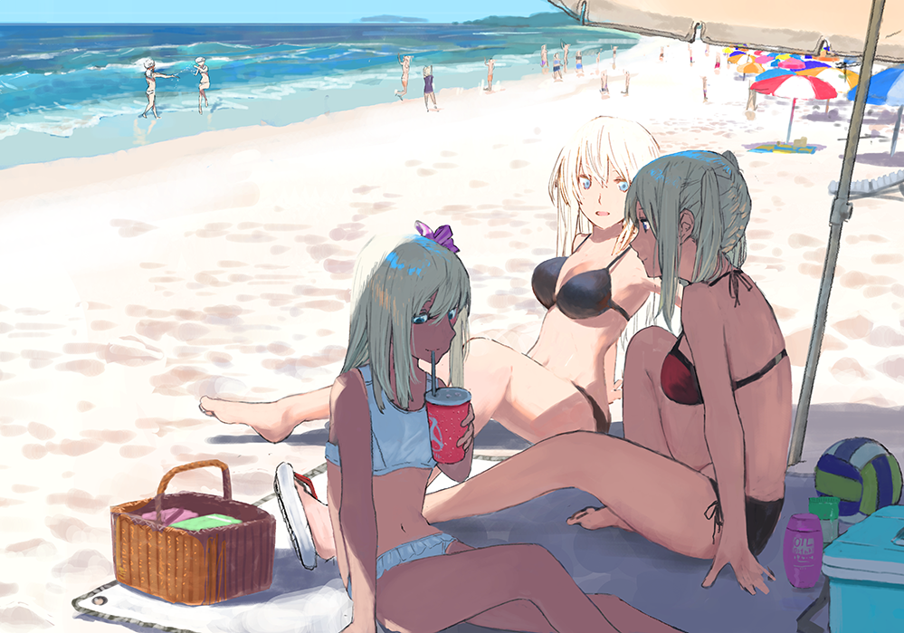 alternate_costume bangs bare_legs bare_shoulders barefoot basket beach bikini bismarck_(kantai_collection) black_bikini blonde_hair blue_eyes blush breasts closed_mouth commentary_request day drinking eyebrows_visible_through_hair fujibejifu graf_zeppelin_(kantai_collection) hair_between_eyes holding kantai_collection large_breasts long_hair looking_at_viewer multiple_girls navel ocean open_mouth outdoors ro-500_(kantai_collection) sand side-tie_bikini sidelocks sitting smile swimsuit twintails umbrella water white_bikini