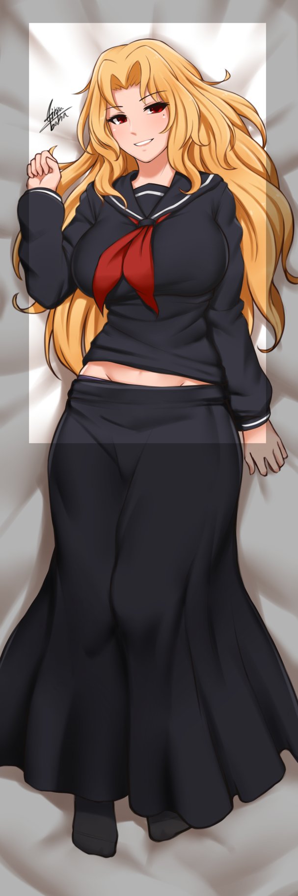 1girl artist_name black_legwear black_shirt black_skirt blonde_hair breasts commentary copyright_request english_commentary eyebrows_visible_through_hair highres huge_breasts long_hair long_skirt long_sleeves lying on_back shirt skirt smile solo