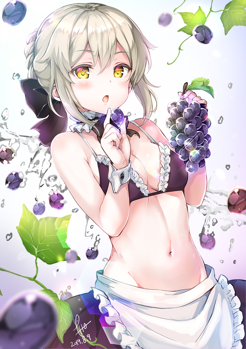 1girl :o apron artoria_pendragon_(all) artoria_pendragon_(swimsuit_rider_alter) bangs bare_shoulders bikini black_bikini black_bow black_skirt blush bow braid breasts closed_eyes commentary_request dated eyebrows_visible_through_hair fate/grand_order fate_(series) food frilled_apron frilled_bikini frills fruit gradient gradient_background grapes grey_background hair_bow highres holding holding_food holding_fruit leaf looking_at_viewer medium_breasts nail_polish navel neck_garter open_mouth pilokey purple_nails short_hair signature simple_background skirt solo sparkle stomach swimsuit white_apron wrist_cuffs yellow_eyes