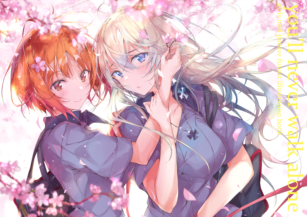 2girls arm_grab backlighting bag bangs blue_eyes blurry blurry_background blurry_foreground blush branch brown_eyes brown_hair carrying cherry_blossoms closed_mouth commentary_request copyright_name cover cover_page dappled_sunlight day depth_of_field doujin_cover dress_shirt dutch_angle english_text eyebrows_visible_through_hair girls_und_panzer grey_shirt hand_in_another's_hair hand_on_another's_shoulder iron_cross itsumi_erika jewelry kuromorimine_school_uniform light_frown light_particles medium_hair multiple_girls necklace neclord nishizumi_miho outdoors parted_lips petals pulp_piroshi school_bag school_uniform shirt short_hair short_sleeves silver_hair smile summer_uniform sunlight wind yuri