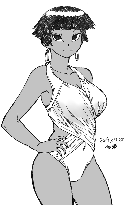 1girl breasts covered_navel dark_skin dated earrings hand_on_hip hoop_earrings jewelry large_breasts looking_at_viewer monochrome nail_polish nefertari_(tsukudani) one-piece_swimsuit original short_hair signature sketch solo swimsuit tsukudani_(coke-buta) very_short_hair