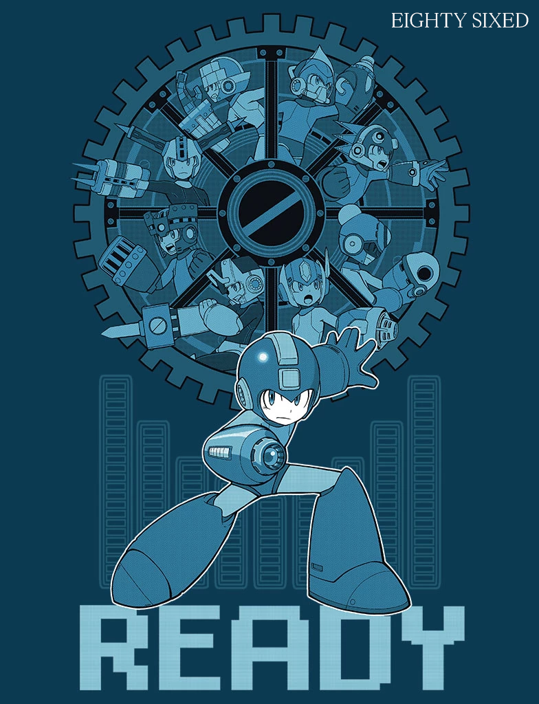 1boy acid_man alternate_costume arm_cannon blast_man block_man blue_background blue_theme fighting_stance fuse_man kuroi_susumu open_mouth pile_man pose robot rockman rockman_(character) rockman_11 rubber_man standing torch_man tundra_man weapon