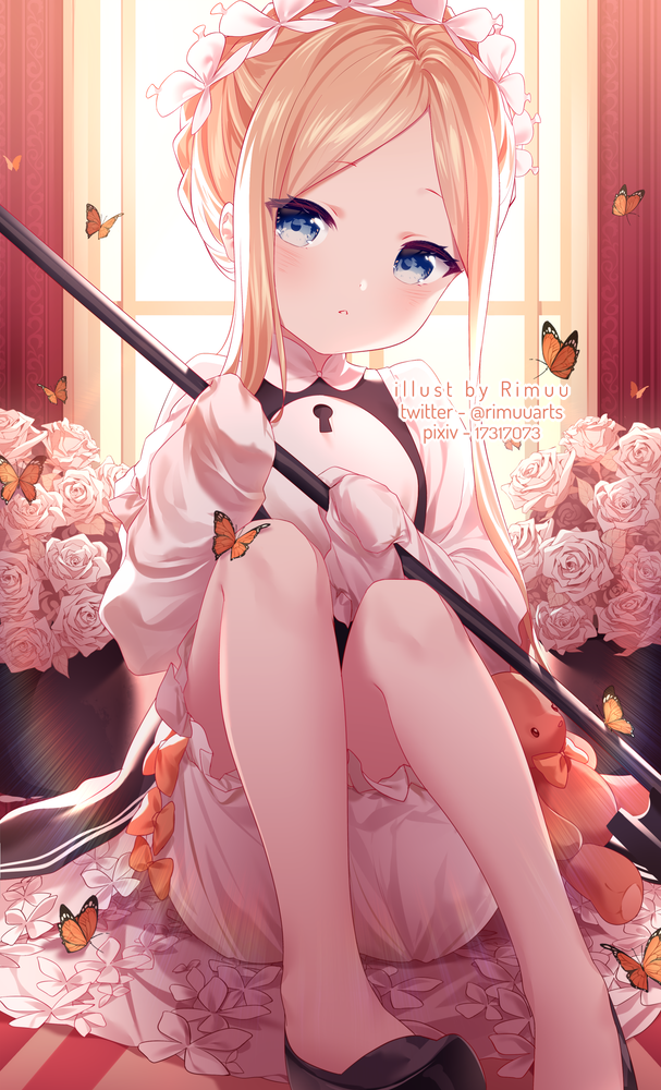 1girl abigail_williams_(fate/grand_order) animal bangs black_dress black_footwear bloomers blue_eyes blush bow braid bug butterfly butterfly_hair_ornament commentary curtains dress eyebrows_visible_through_hair fate/grand_order fate_(series) flower forehead hair_ornament head_tilt heroic_spirit_festival_outfit indoors insect keyhole knees_up long_hair long_sleeves looking_at_viewer orange_bow parted_bangs pixiv_id rimuu rose shirt shoes sidelocks sitting sleeveless sleeveless_dress sleeves_past_fingers sleeves_past_wrists solo stuffed_animal stuffed_toy teddy_bear twitter_username underwear very_long_hair watermark web_address white_bloomers white_flower white_rose white_shirt window