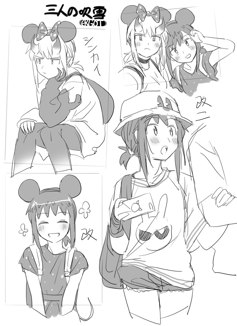 2girls alternate_costume animal_ears backpack bag casual cellphone commentary_request cowboy_shot ergot fubuki_(kantai_collection) greyscale hand_on_own_face hat horns kantai_collection long_hair looking_at_viewer low_ponytail lycoris_fubuki minnie_mouse_ears monochrome mouse_ears multiple_girls multiple_views phone ponytail self_shot short_ponytail sidelocks sitting spoilers upper_body