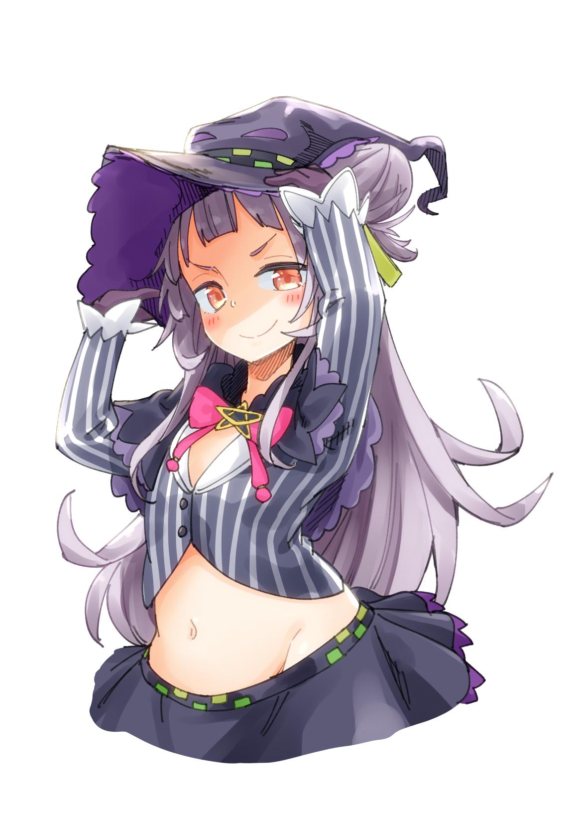 1girl bangs black_capelet black_gloves black_headwear black_skirt blunt_bangs blush capelet commentary cowboy_shot crop_top gloves groin hair_bun hat highres hololive long_hair looking_at_viewer lowleg_skirt maco_(yamamac) midriff murasaki_shion navel one_side_up silver_hair simple_background skirt smile solo tilted_headwear virtual_youtuber white_background witch_hat yellow_eyes