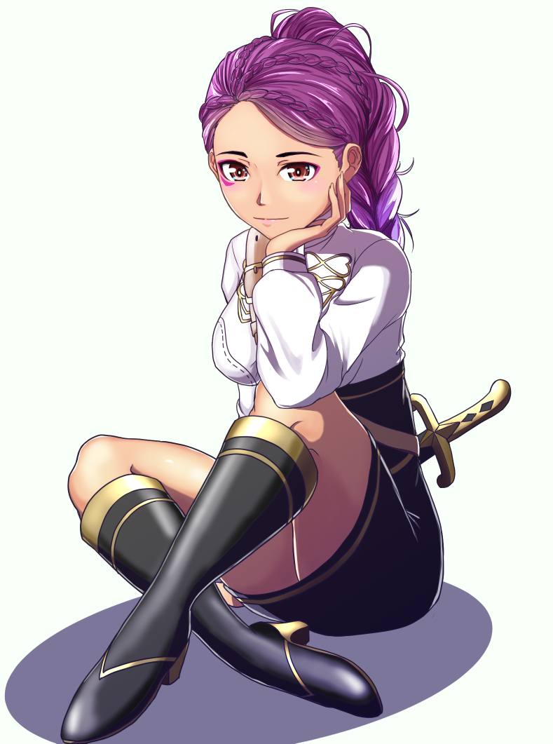 1girl black_footwear black_skirt boots braid braided_ponytail breasts brown_eyes cute facial_mark fire_emblem fire_emblem:_three_houses fire_emblem:_three_houses fire_emblem_16 fire_emblem_heroes full_body gzo1206 intelligent_systems knee_boots knees_up long_hair long_sleeves looking_at_viewer medium_breasts nintendo petra_mcnairy purple_hair shirt single_braid sitting skirt smile solo sword weapon white_background white_shirt