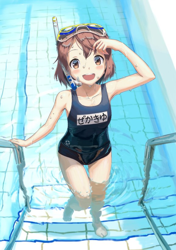 1girl bangs blush brown_eyes brown_hair collarbone dripping flat_chest goggles goggles_on_head kaku_choushi kantai_collection name_tag one-piece_swimsuit open_mouth pool school_swimsuit short_hair snorkel solo swimsuit teeth water wet yukikaze_(kantai_collection)