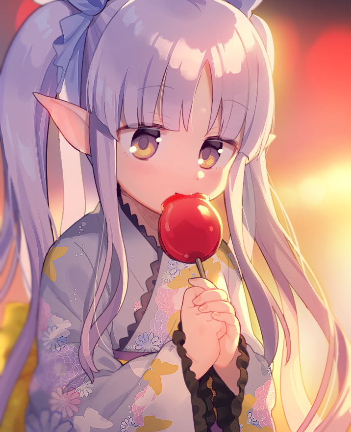 1girl bangs blue_kimono blurry blurry_background blush brown_eyes candy_apple closed_mouth commentary_request depth_of_field eating eyebrows_visible_through_hair fingernails floral_print food hands_together hikawa_kyoka holding holding_food japanese_clothes kimono long_hair long_sleeves looking_at_viewer own_hands_together pointy_ears princess_connect! princess_connect!_re:dive print_kimono purple_hair sidelocks sleeves_past_wrists solo twintails uso_(ameuzaki) very_long_hair wide_sleeves