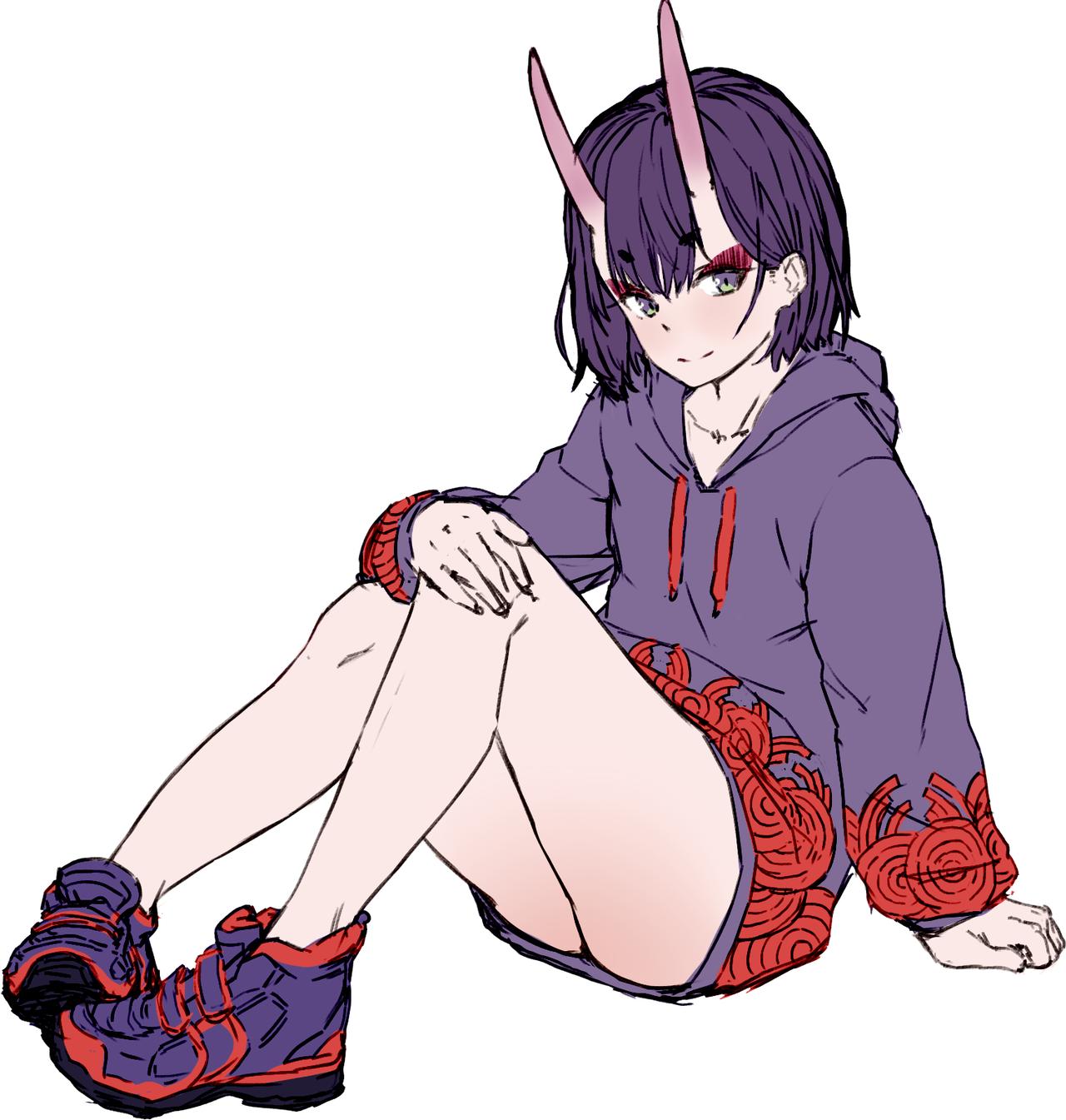 1girl fate/grand_order fate_(series) highres horns incloud legs looking_at_viewer oni oni_horns shoes shuten_douji_(fate/grand_order) sketch smile sneakers solo