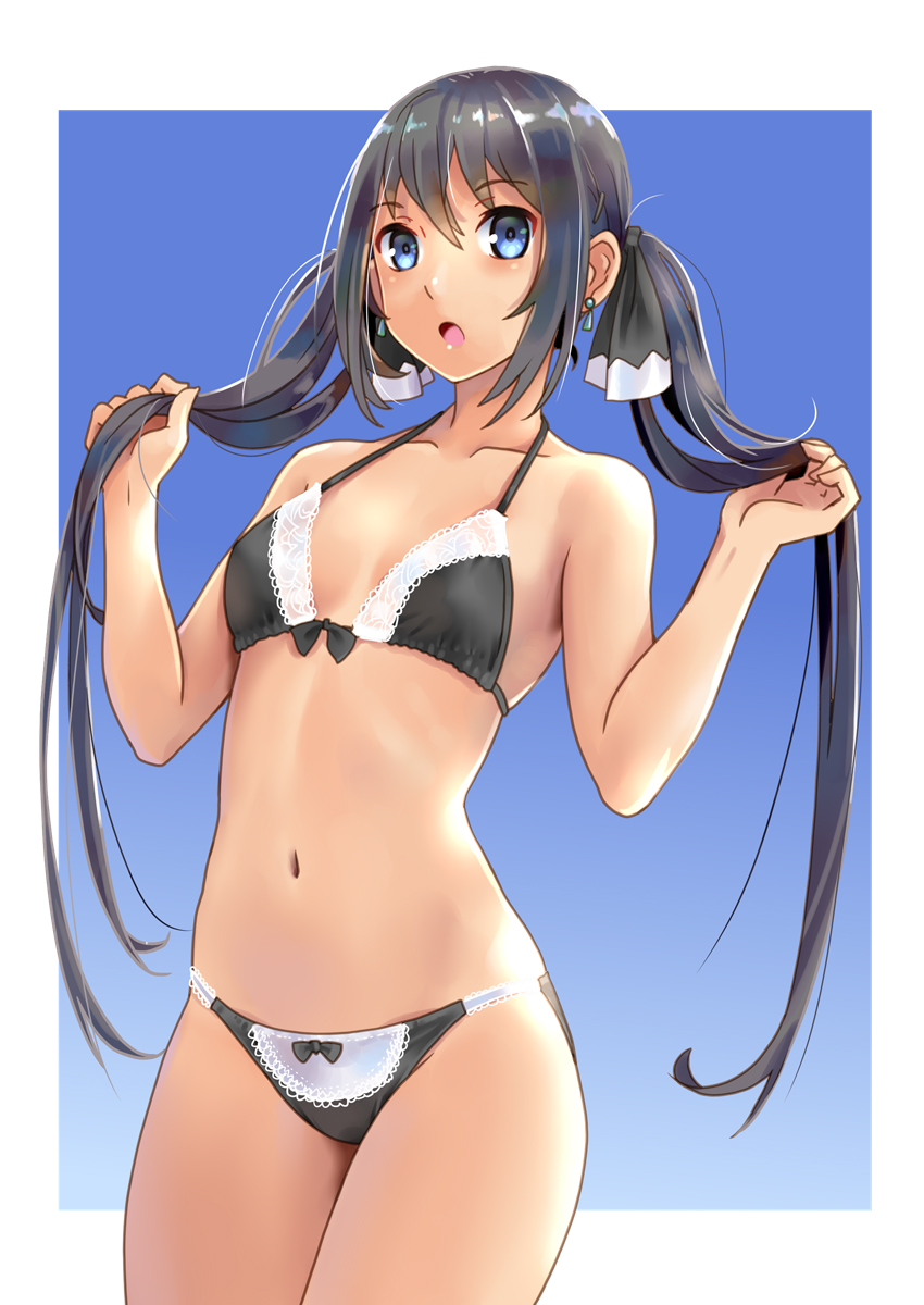 1girl :o bare_arms bare_shoulders bikini black_bikini black_hair blue_eyes breasts collarbone commentary_request cowboy_shot earrings front-tie_bikini front-tie_top halter_top halterneck hands_up highres holding holding_hair jewelry katahira_masashi long_hair looking_at_viewer maid_bikini navel open_mouth original sidelocks small_breasts solo swimsuit twintails two-tone_background very_long_hair