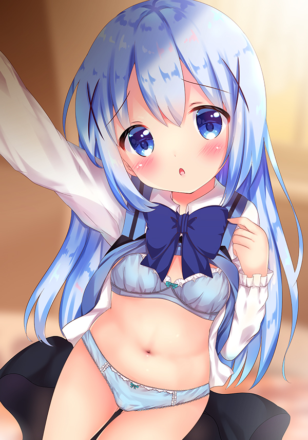 1girl :o arm_up ass_visible_through_thighs bangs black_skirt blue_bow blue_bra blue_eyes blue_hair blue_panties blue_vest blurry blurry_background blush bow bow_bra bow_panties bra breasts collared_shirt commentary_request depth_of_field dress_shirt eyebrows_visible_through_hair gochuumon_wa_usagi_desu_ka? hair_between_eyes hair_ornament kafuu_chino long_hair long_sleeves navel open_clothes open_shirt outstretched_arm panties parted_lips rabbit_house_uniform reaching_out rikatan self_shot shirt skirt skirt_removed small_breasts solo underwear uniform very_long_hair vest waitress white_shirt x_hair_ornament