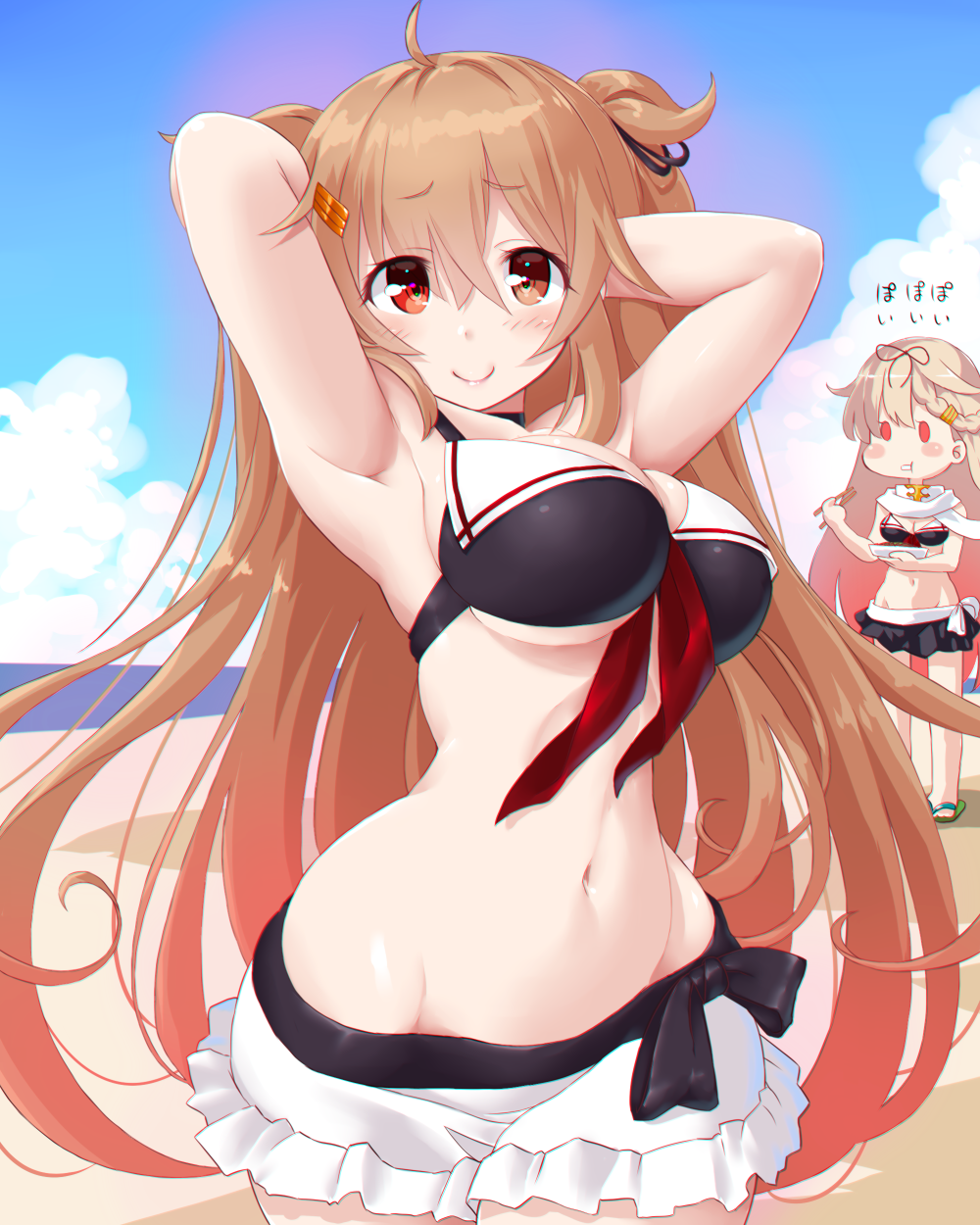0_0 2girls armpits arms_behind_head beach bikini_skirt black_bikini_bottom blush breasts brown_eyes closed_mouth day dd_(ijigendd) hair_flaps hair_ornament hair_tie hairclip heterochromia highres kantai_collection large_breasts light_brown_hair long_hair looking_at_viewer medium_breasts multiple_girls murasame_(kantai_collection) navel open_mouth outdoors poi red_eyes redhead remodel_(kantai_collection) smile solo_focus surprised two-tone_swimsuit two_side_up very_long_hair white_bikini_bottom wide_hips yuudachi_(kantai_collection)