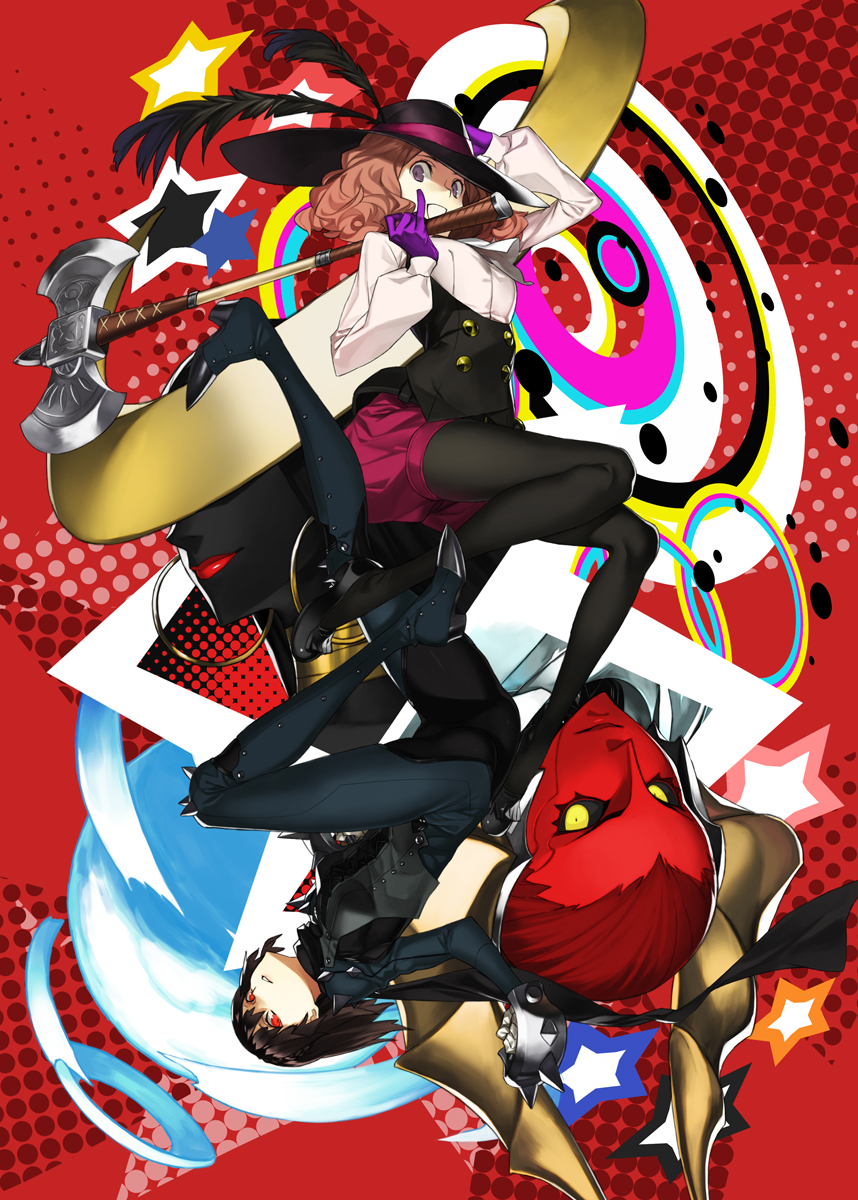 1boy 2girls 92m atlus axe brass_knuckles breasts brown_hair hat highres megami_tensei niijima_makoto official_style okumura_haru open_mouth persona persona_5 red_eyes shin_megami_tensei short_hair smile star tagme wavy_hair weapon