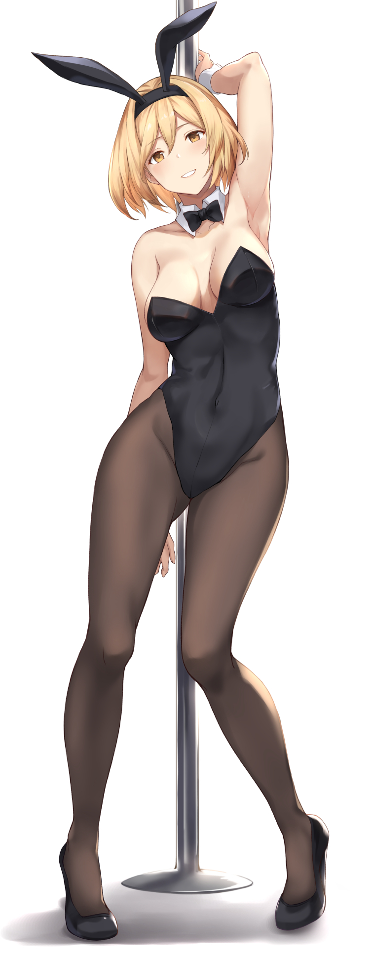 1girl animal_ears armpits bangs blonde_hair bow bowtie breast_slip breasts bunny_girl bunnysuit commentary_request covered_navel detached_collar djeeta_(granblue_fantasy) fake_animal_ears full_body granblue_fantasy hair_between_eyes head_tilt high_heels highleg highleg_leotard highres leotard medium_breasts pantyhose rabbit_ears short_hair sidelocks simple_background smile solo stripper_pole terry_(pixiv3274443) white_background wrist_cuffs