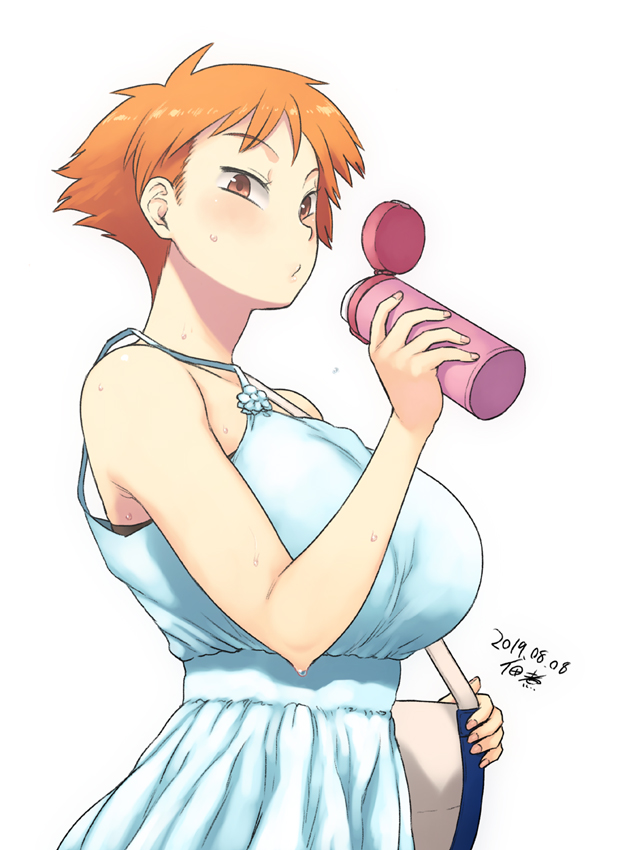 1girl bag black_bra blush bottle bra breasts brown_eyes dated dress handbag holding holding_bottle large_breasts looking_at_viewer orange_hair original puckered_lips short_hair signature sleeveless sleeveless_dress solo spaghetti_strap strapless strapless_bra sundress sweat tsukudani_(coke-buta) tsurime-chan underwear water_bottle white_dress