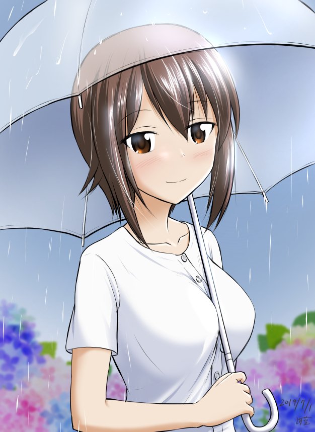 1girl artist_name bangs blush brown_eyes brown_hair closed_mouth commentary dated eyebrows_visible_through_hair flower girls_und_panzer grey_sky hairanworkshop holding looking_at_viewer nishizumi_maho outdoors rain shirt short_hair short_sleeves signature smile solo transparent transparent_umbrella umbrella white_shirt