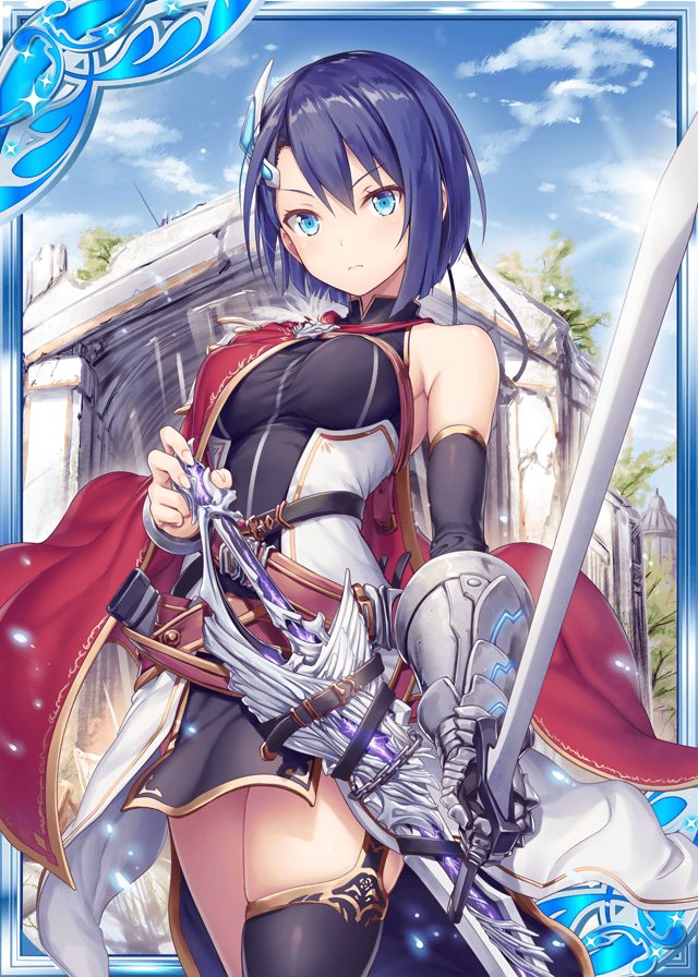 1girl akkijin armpits bare_shoulders black_dress blue_eyes blue_sky breasts cape card_(medium) clouds cloudy_sky dress hair_ornament knight looking_at_viewer medium_breasts official_art outdoors purple_hair red_cape shinkai_no_valkyrie short_hair sky sword thigh-highs weapon weapon_bag