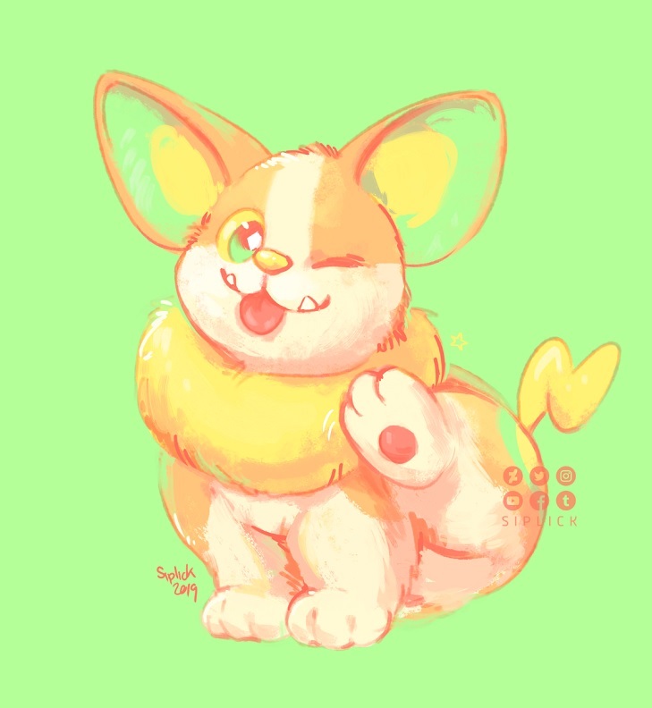 corgi dated deviantart dog facebook fangs gen_8_pokemon green_background instagram light_green_background looking_at_viewer one_eye_closed pokemon pokemon_(creature) pokemon_swsh scratching siplick smile teeth tongue tongue_out tumblr twitter yamper yellow_nose youtube