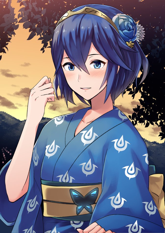 1girl a_meno0 blue_eyes blue_hair blush dress fire_emblem fire_emblem:_kakusei fire_emblem_awakening fire_emblem_heroes flower hair_between_eyes intelligent_systems japanese_clothes kimono looking_at_viewer lucina lucina_(fire_emblem) nintendo open_mouth short_hair simple_background smile solo summer summer_festival sunset super_smash_bros. tiara tomboy
